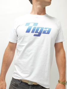 t shirt tiga logo bleu fond blanc vintage homme